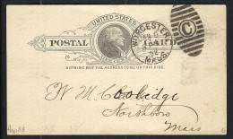 ETATS UNIS Ca.1892: CP Entier De 1c De Worcester (Mass.) à Storshboro (Mass.) Avec Fancy Cancel "circled C", Pli - ...-1900