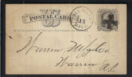 ETATS UNIS Ca.1877: CP Entier De 1c De Fall River (Mass.) à Warren (R.I.) Avec Fancy Cancel "maltese Cross ", Pli - ...-1900