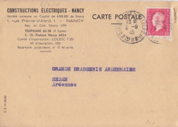 CP (Constructions Electriques) Obl. Nancy Porte St Nicolas Le 6/9/45 Sur 1f50 Dulac Rose N° 691 (Tarif Du 1/3/45) - 1944-45 Marianne Of Dulac