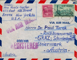 1952 NEW YORK - GRAZ , SOBRE CERTIFICADO , VIA AÉREA , TRÁNSITOS Y LLEGADA AL DORSO - Storia Postale