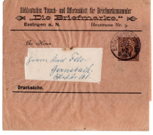 62082 - Altdeutschland / Wuerttemberg - 1897 - 3Pfg PGAStreifband "Die Briefmarke" ESSLINGEN -> Gernsbach - Postwaardestukken