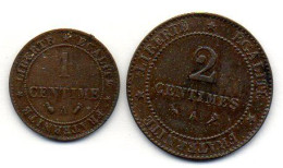 FRANCE, Set Of Two Coins 1, 2 Centimes, Bronze, Year 1892-A, 1897-A,  KM # 826.1, 827.1 - Autres & Non Classés
