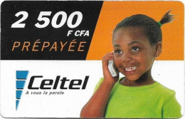 Gabon - Celtel - Young Girl At Phone, Silver PIN Band, GSM Refill 2.500FCFA, Used - Gabun
