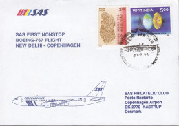 India SAS First Nonstop Boeing-767 Flight NEW DELHI-COPENHAGEN 1995 Cover Brief Lettre Radio Communication - Luchtpost