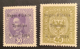 „Regno D‘ Italia Trentino 1918“ Ovpt With SISMONDO CERT: Sa.10 MH* + Sa.9 MNH** VF (Austria Alto Adige WW1 Österreich - Trentin