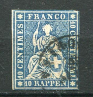 26199 Suisse N°27b° 10 R. Bleu Helvetia (Fil De Soie Vert)  1854-62 B/TB - Usados