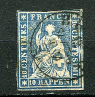 26198 Suisse N°27b° 10 R. Bleu Helvetia (Fil De Soie Vert)  1854-62 B/TB - Usados