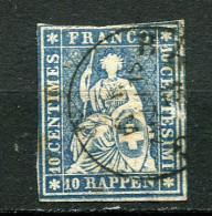 26198 Suisse N°27b° 10 R. Bleu Helvetia (Fil De Soie Vert)  1854-62 B/TB - Gebraucht