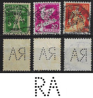 Switzerland 1914/1937 3 Stamp Perfin RA By Schweiz. Lebensversicherungs- Und Rentenanstalt From Zurich Lochung Perfore - Perforés