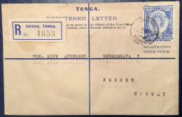 VAVAU TONGA 1937 Rare REGISTERED LETTER THREE PENCE (H&G 21) Postal Stationery To Bergen/Norway (cover - Tonga (...-1970)