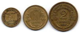 FRANCE, Set Of Three Coins 50 Centimes, 1, 2 Francs, Aluminum-Bronze, Year 1923, 1936, KM # 884, 885, 886 - Sonstige & Ohne Zuordnung