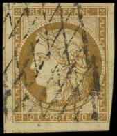 EMISSION DE 1849 - 1    10c. Bistre-jaune, Obl. GRILLE SANS FIN, Grandes Marges (3 Voisins), Superbe. C - 1849-1850 Ceres