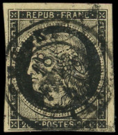 EMISSION DE 1849 - 3    20c. Noir Sur Jaune, Obl. Càd T15 Et GRILLE, TB. C - 1849-1850 Ceres