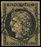 EMISSION DE 1849 - 3i   20c. Noir Sur FAUVE, Obl. Double GRILLE, Clair, B/TB, Cote Et N° Cérès - 1849-1850 Cérès