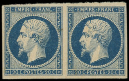 ** EMPIRE NON DENTELE - 14Aa 20c. Bleu Foncé, PAIRE, Un Ex. Grain Dans Le Papier, TB - 1853-1860 Napoléon III