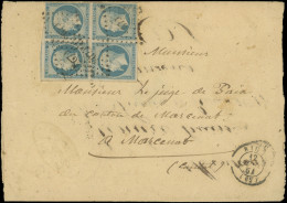 Let EMPIRE NON DENTELE - 14A  20c. Bleu, BLOC De 4 Déf., Obl. PC 2679 S. Env., Càd RIOM 12/7/54, REUTILISEE Au Départ De - 1849-1876: Klassieke Periode