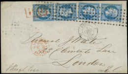 Let EMPIRE NON DENTELE - 14A  20c. Bleu, 2 PAIRES Obl. GROS POINTS CARRES S. Env., Càd PARIS 1/2/59, Arr. LONDON, TTB - 1849-1876: Klassieke Periode