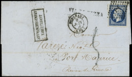 Let EMPIRE NON DENTELE - 14Ab 20c. Bleu-NOIR, Obl. PC 441 S. LAC, Càd BORDEAUX 9/6/56, "affrt Insuff.", Taxe 5 Au Tampon - 1849-1876: Période Classique