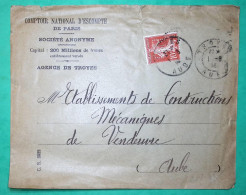 N°138 SEMEUSE PERFORE C.N. COMPTOIR NATIONAL D'ESCOMPTE TROYES AUBE POUR VENDEUVRE SUR BARSE 1913 COVER FRANCE - Covers & Documents