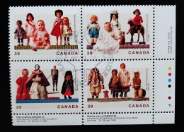 Canada 1990  USED  Sc1277a    Plate Block Of 4 X 39c Dolls - Gebraucht