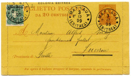 ITALIE - CARTE LETTRE 20C DE MASSAUA POUR LA SUISSE, 1899 - Eritrea