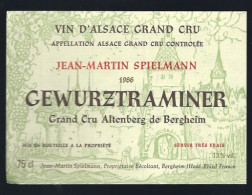 Etiquette Vin D'Alsace Grand Cru Altemberg De Bergheim  Gewurztraminer 1986 Jean Martin Spielmann - Gewurztraminer