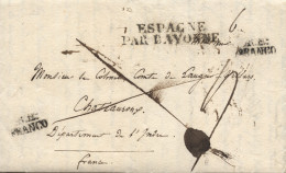 D.P. 14. 1823. Carta De Aranda De Duero A Chateauroux (Francia). Marca De Franquicia Nº 6N Aplicada Dos Veces Y "ESPAGNE - ...-1850 Préphilatélie