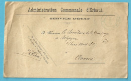 Brief "Administration Communale D'Erbaut" Met BLAUWE !! Dubbelringstempel Van 1919 Van JURBISE - Noodstempels (1919)