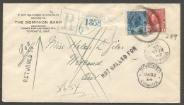 1924 Bank Registered Cover 13c Admirals CDS Toronto Ontario To Welland Returned - Postal History