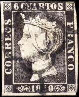 ESPAGNE / ESPANA / SPAIN 1850 Ed.1A 6c Negro (T.II, Pos.22) Defecto De Reporte - Inutilizado Con Araña Negra - Used Stamps