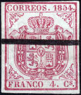 ESPAGNE / ESPANA / SPAIN 1854 MUSTRA Ed.33AMa 4c Carmin, Papel Azulado, Raya De Tinta Negra (SPECIMEN) - Gebraucht