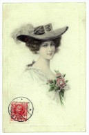 Art - Lady Wearing Hat, Flowers  M. Monk Signed Wichera - Wichera