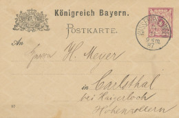 BAYERN ORTSSTEMPEL WASSERTRUEDINGEN K1 (WASSERTRÜDINGEN) 1887 Auf 5 Pf Lila Wappen GA Nach CARLSTHAL - Postal  Stationery