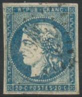 Obl. N°44B 20c Bleu, Type I R2, Infime Pelurage Au Verso - B - 1870 Emission De Bordeaux