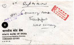 74825 - Indien - 1985 - 5Rp Gummibaum MiF A R-LpBf VARANASI -> Westdeutschland, M Dt R-Aufkleber - Storia Postale