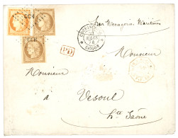 1874 CG 10c CERES (n°11)x2 + 40c CERES Obl. CCH + COCHINCHINE SAIGON Sur Enveloppe (pd) Pour La FRANCE. Un N°11 Pd. Affr - Other & Unclassified