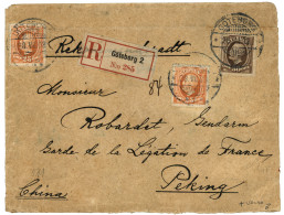 SWEDEN To CHINA : 1908 SWEDEN 25 Ore(x2) + 30 Ore Canc. GOTEBORG On REGISTERED Envelope To PEKING. Verso, PEKING DEUTSCH - Deutsche Post In China