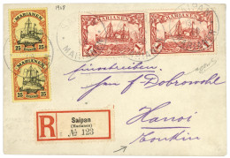 MARIANES - Destination HANOI (INDOCHINA) : 1908 25pf (x2) + 1 MARK (x2) Canc. SAIPAN MARIANEN On REGISTERED Envelope To  - Islas Maríanas