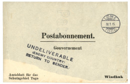 TOGO : 1915 LOME TOGO + UNDELIVERABLE ENEMY COUNTRY RETURN TO SENDER On Envelope (front Only) To WINDHUK. Scarce. Vvf. - Togo