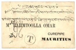 INDIA To MAURITIUS : 1887 Rare Tax Marking  26c TO PAY + T On Envelope From JETPUR KATHIAWAR (INDIA) To CUREPIPE MAURITI - Mauritius (...-1967)