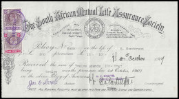 Cape Of Good Hope 1907 SA Mutual Life Policy Receipt, KEVII 7D - Cape Of Good Hope (1853-1904)