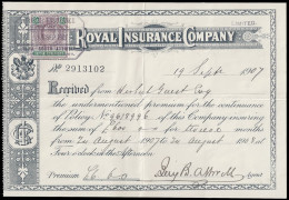 Cape Of Good Hope 1907 KEVII 3/- On Royal Insurance Receipt - Cape Of Good Hope (1853-1904)
