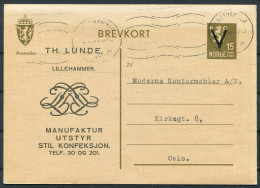 1941 Norway 15ore "V" Overprint Stationery Brevkort Postcard, Lillehammer - Oslo - Covers & Documents