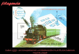 CUBA MINT. 1999-28 XII CONGRESO DE LA FEDERACIÓN FILATÉLICA CUBANA. TRENES. HOJA BLOQUE - Ongebruikt