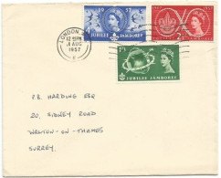 Scout Jubilee Jamboree UK Issue 1957 Cpl 3v Set On CV Traveled London 11aug57 X Surrey - 1952-1971 Em. Prédécimales