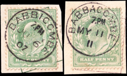 GB - Misspelt CDS "BABBICOMBE" (1907) & Corrected CDS "BABBACOMBE" (1911) On 2xSG217/8 1/2d Yellow-green (DEVON) - Oblitérés