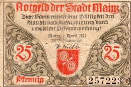 Ancien Billet De Nécéssité Allemand De 25 Pfennig Avril 1921 - Collections