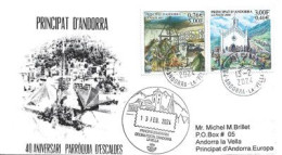 40 Ième Anniversaire De La Paroisse Des Escaldes, Lettre, Timbres à Date Andorre Poste Francaise Et Andorre Correos Esp. - Brieven En Documenten