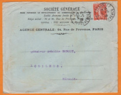 Semeuse Perforée 10c Rouge S.G. Sur Lettre + Courrier   De La Société Générale  De Paris Le 5 Mars 1909 Pour CEILHES - Storia Postale