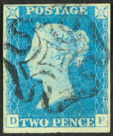 1840 2d Pale Blue 'DF' Plate 1, SG 6, Used With 4 Neat Margins & Light Centrally- Struck MC Cancellation. Cat Â£1100. - Other & Unclassified